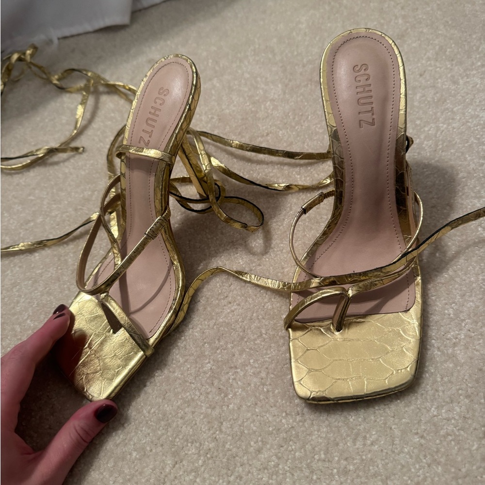 SCHUTZ Metallic Gold Strappy Heels